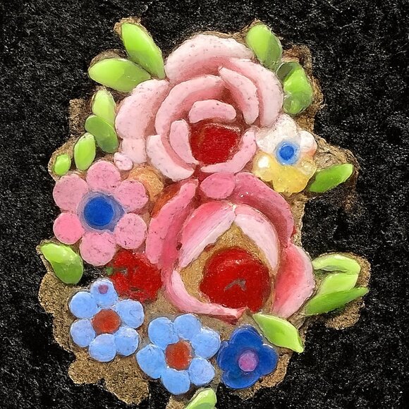 Antique Black and Sterling Silver Micro-Mosaic Ring With Flowers Size 7 - Picture 4 of 8